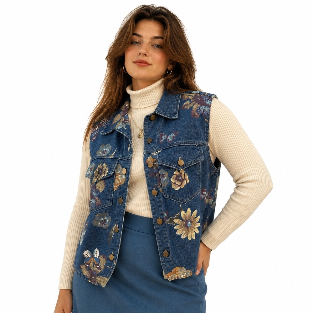 90s Venice Blues Denim Vest L Floral Butterfly Made USA Cottagecore